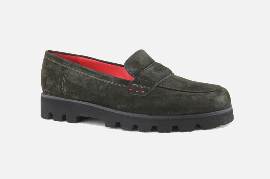 Women Pas de Rouge | Pas De Rouge - Mocky Dark Olive Loafers On Labotte