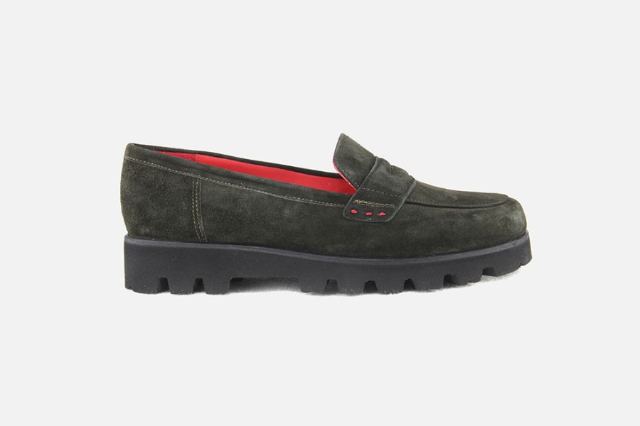 Women Pas de Rouge | Pas De Rouge - Mocky Dark Olive Loafers On Labotte