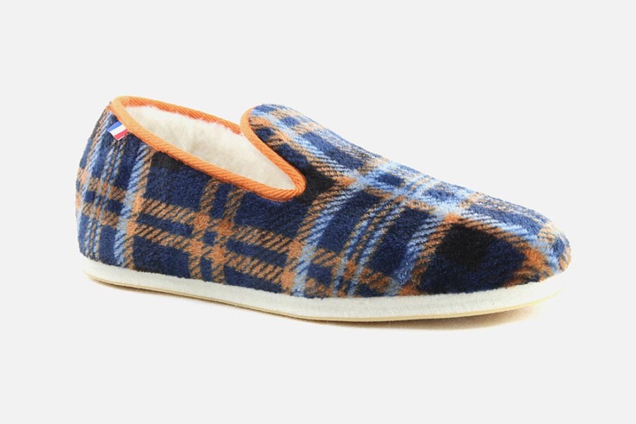 Men Les chaussons de Flo | Les Chaussons De Flo - Pepouz Ecossais Bleu Orange Charentaises On Labotte