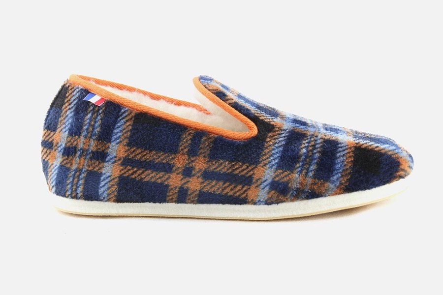 Men Les chaussons de Flo | Les Chaussons De Flo - Pepouz Ecossais Bleu Orange Charentaises On Labotte