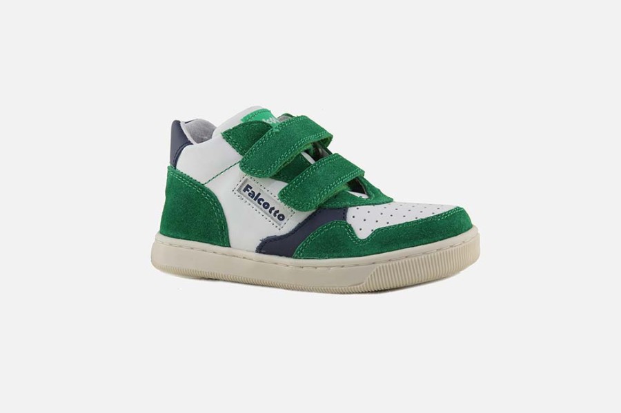 Boys Falcotto | Falcotto - Charlie Vert Blanc Bleu Velcro Shoes On Labotte