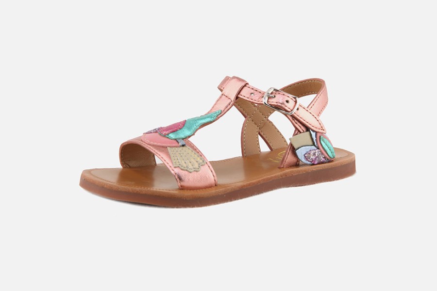 Girls Pom d'Api | Pom D'Api - Plagette Colibri Metallic Rose Sandals On Labotte