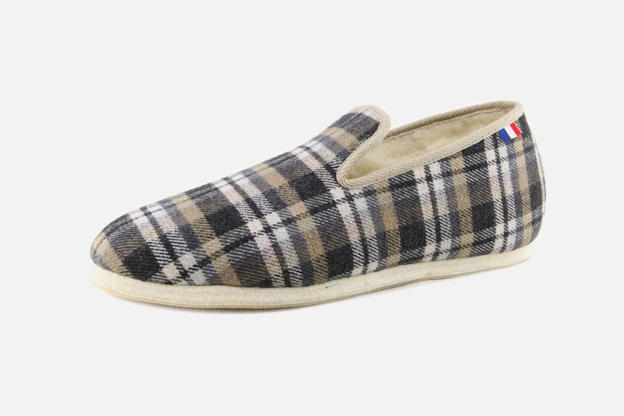 Men Les chaussons de Flo | Les Chaussons De Flo - Pepouz Ecossais Gris Beige Charentaises On Labotte