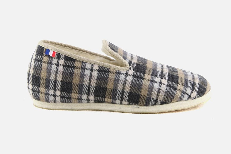 Men Les chaussons de Flo | Les Chaussons De Flo - Pepouz Ecossais Gris Beige Charentaises On Labotte