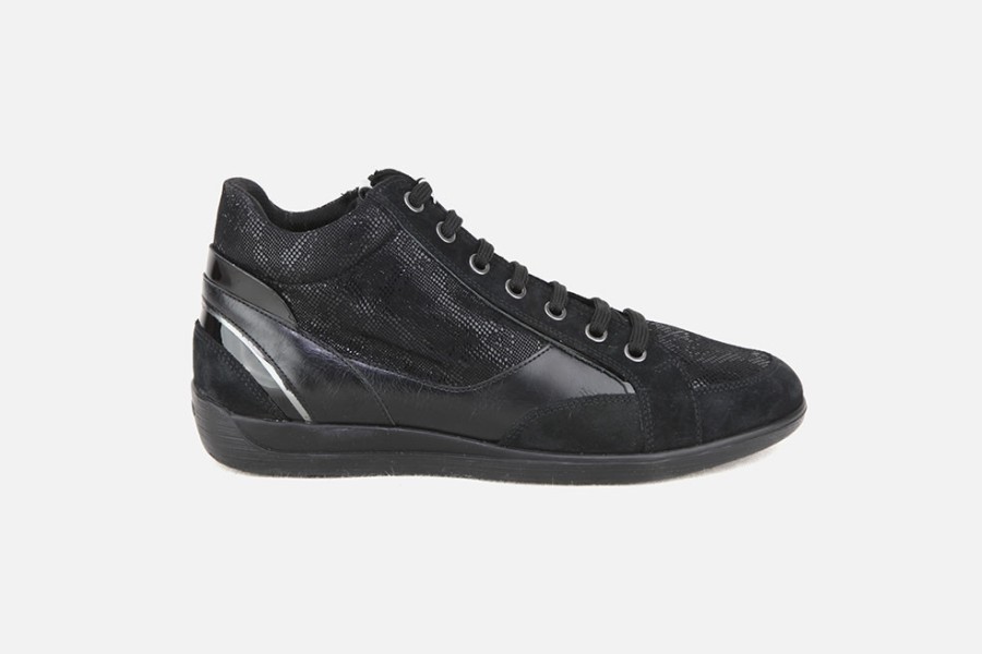 Women Geox | Geox - Myria Mid Black Print Lace-Up Boots On Labotte