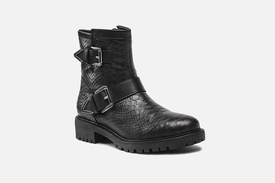 Women Geox | Geox - Hoara Mid Buckle Noir Ankle Boots On Labotte