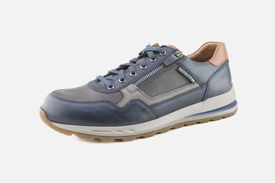 Men Mephisto | Mephisto - Bradley Bleu Gris Cognac Sneakers On Labotte