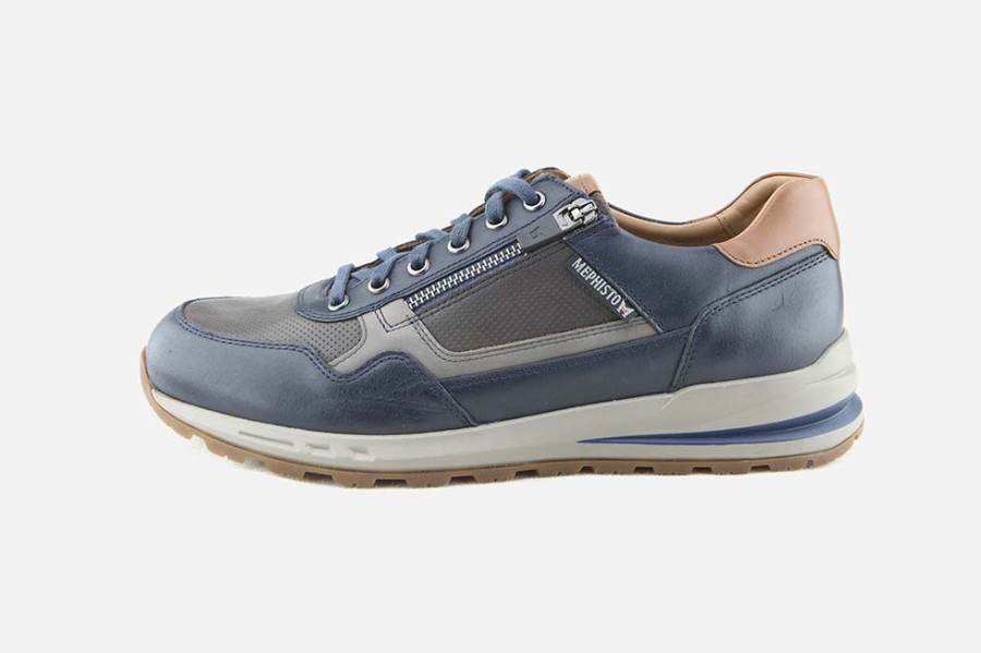 Men Mephisto | Mephisto - Bradley Bleu Gris Cognac Sneakers On Labotte
