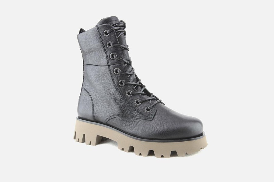 Women Paul Green | Paul Green - Pax Grain Noir Lace-Up Boots On Labotte