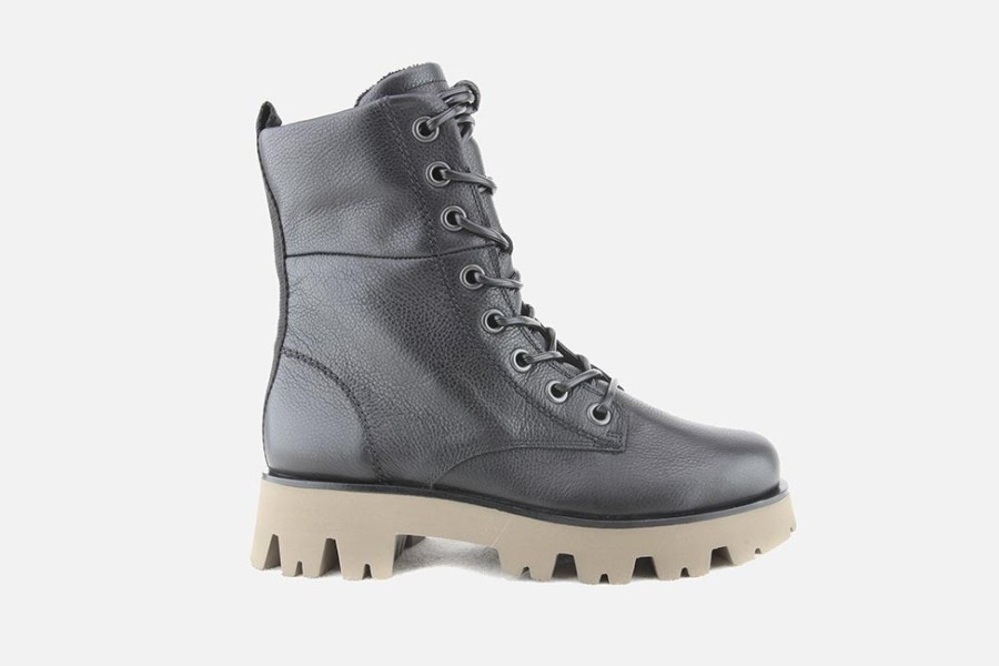 Women Paul Green | Paul Green - Pax Grain Noir Lace-Up Boots On Labotte
