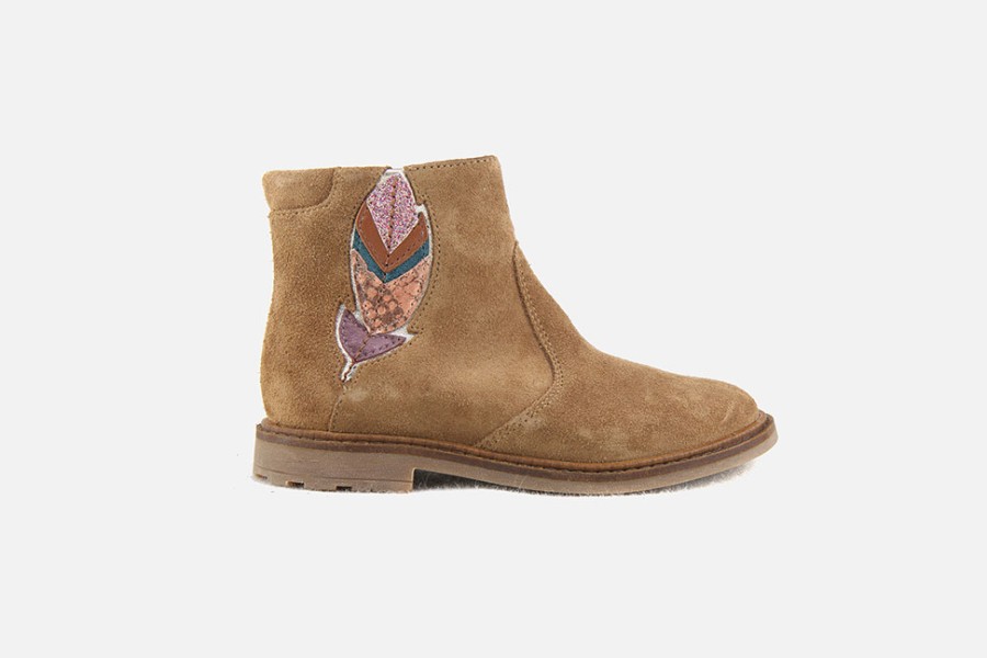 Girls Pom d'Api | Pom D'Api - Sister Feather Cognac Ankle Boots On Labotte