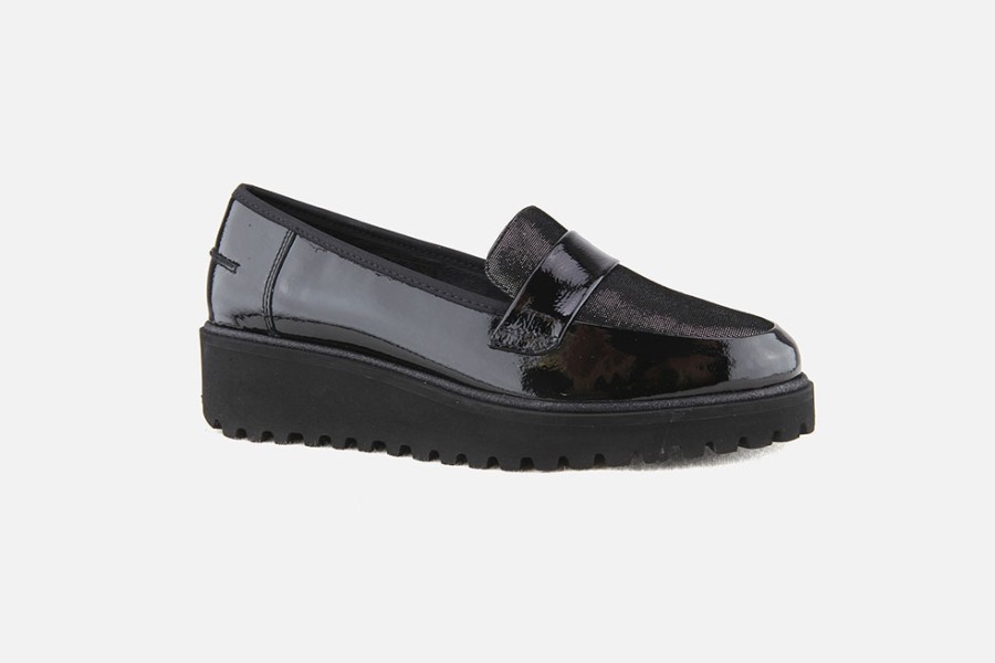 Women Ara | Ara - Kent Wedge Lack Black Loafers On Labotte