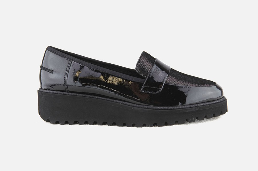 Women Ara | Ara - Kent Wedge Lack Black Loafers On Labotte